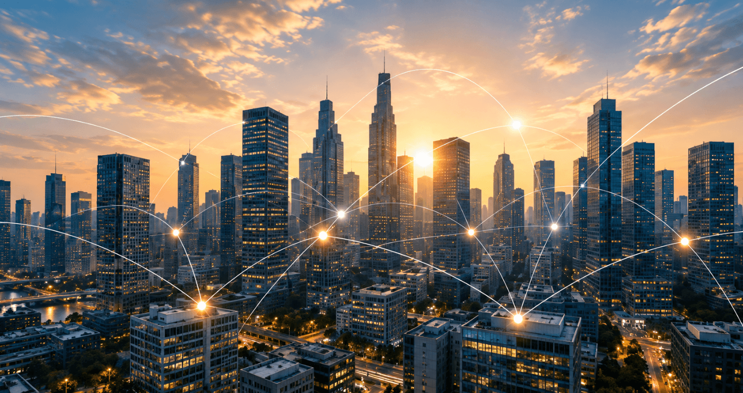 City skyline at sunset with illuminated high-rise buildings and network lines.