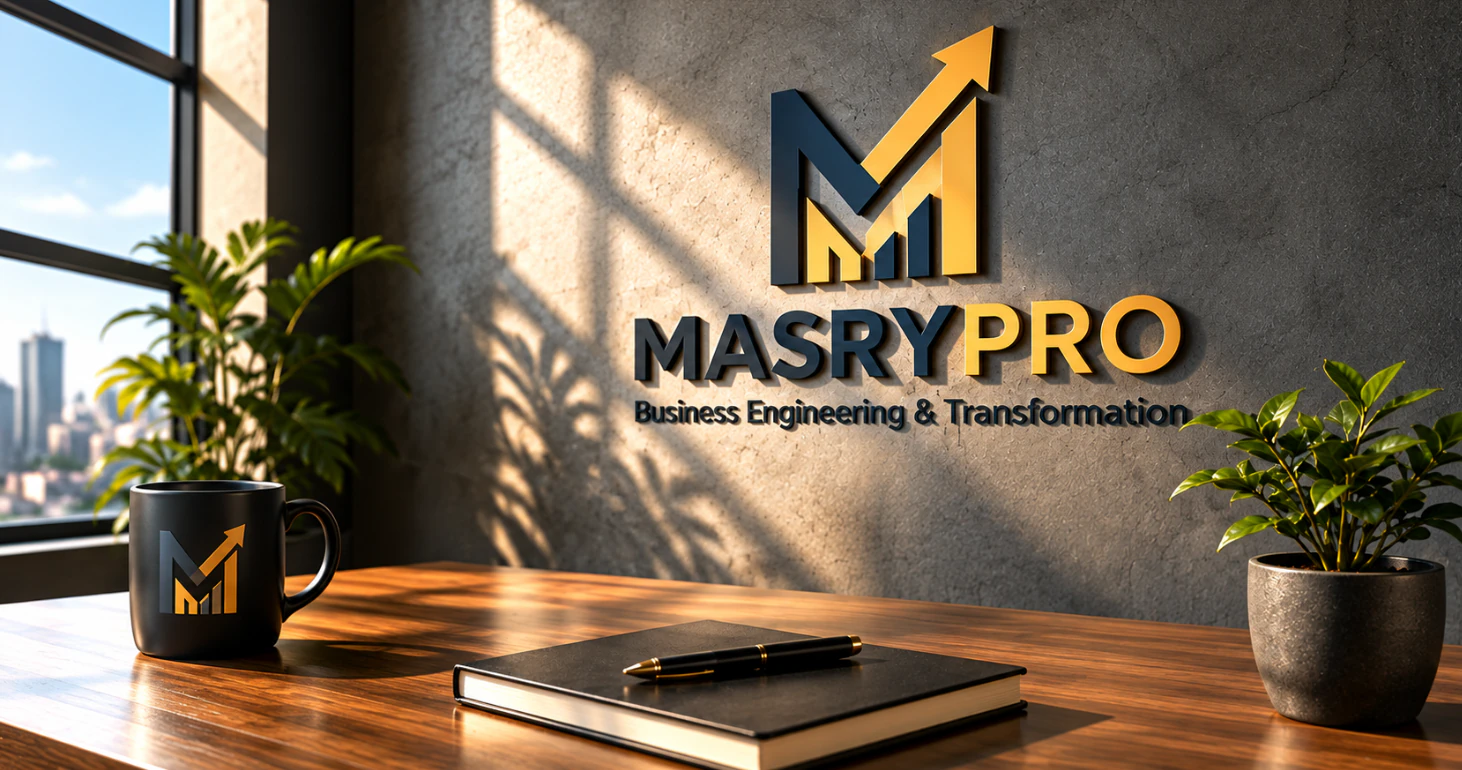 MasryPro logo on the wall of an office with a desk, notebook, and plant.
